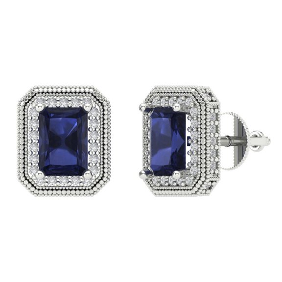2.44 ct Screw-Back Stud Earrings for Women | 7x5mm Emerald Cut Simulated Blue Sapphire | 14K White Gold