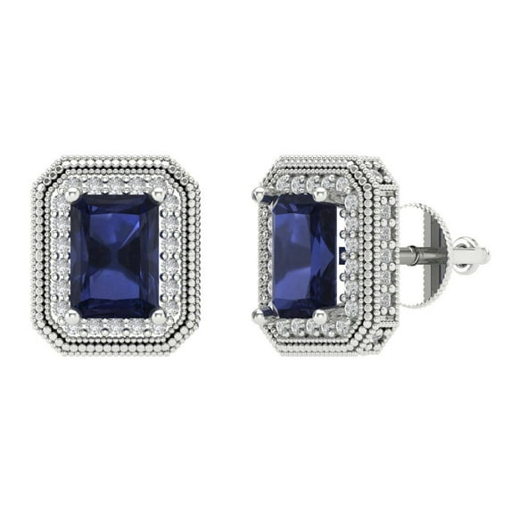 2.44 ct Screw-Back Stud Earrings for Women | 7x5mm Emerald Cut Simulated Blue Sapphire | 18K White Gold