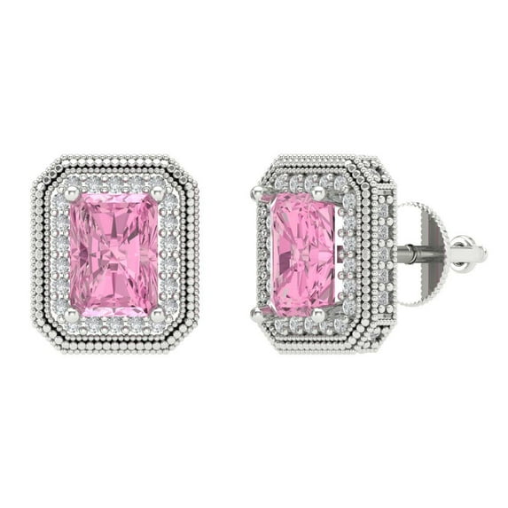 2.44 ct Screw-Back Stud Earrings for Women | 7x5mm Emerald Cut Simulated Pink Diamond | 18K White Gold