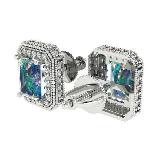 2.44Ct Emerald Cut Halo Studs Blue Moissanite 18K White Solid Solid Gold Everyday Dainty Earrings Screw Back