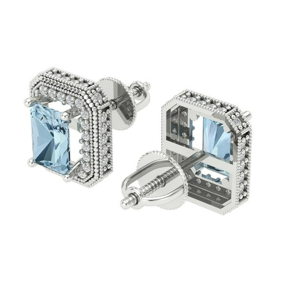 2.44Ct Emerald Cut Halo Studs Blue Crystal 14K White Solid Gold Everyday Dainty Earrings Screw Back