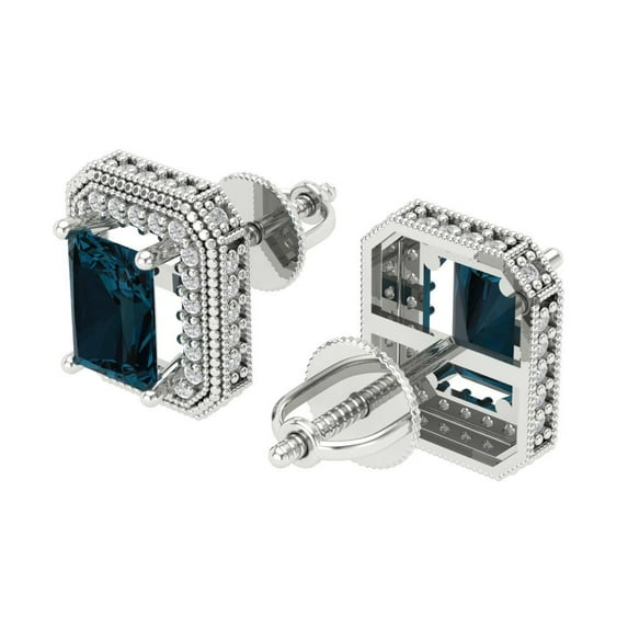 2.44Ct Emerald Cut Halo Studs Natural London Blue Topaz 14K White Solid Solid Gold Everyday Dainty Earrings Screw Back