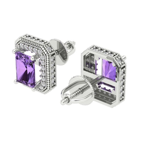 2.44Ct Emerald Cut Halo Studs Purple Alexandrite 14K White Solid Solid Gold Everyday Dainty Earrings Screw Back