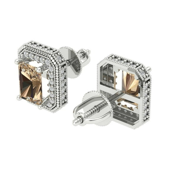 2.44Ct Emerald Cut Halo Studs Yellow Moissanite 18K White Solid Solid Gold Everyday Dainty Earrings Screw Back