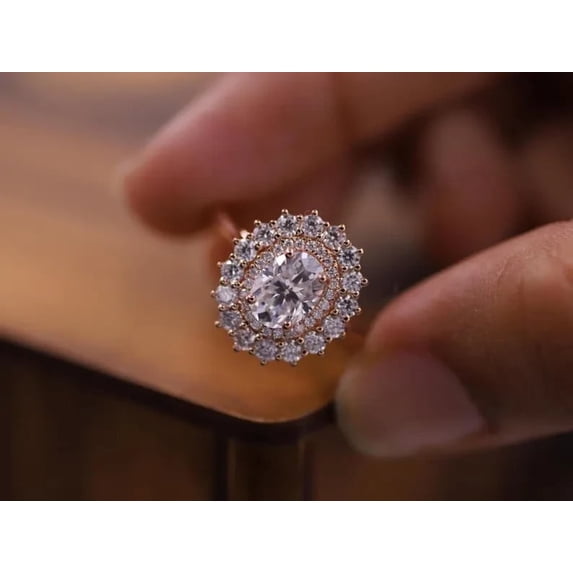 2.44Ct Oval Cut Lab Created Diamond Halo Proposal Ring 14K Rose Gold Plated Silver