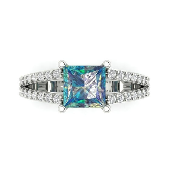 2.44ct Princess Cut Blue Moissanite 18k White Gold Engraving Statement Bridal Wedding Designer Ring Size 8.5