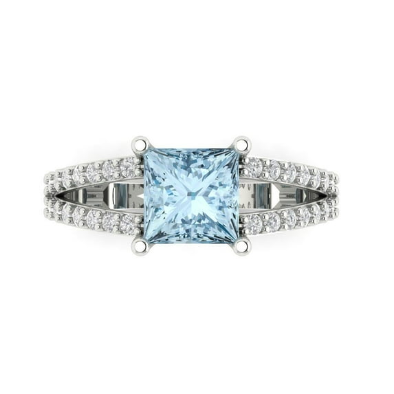 2.44ct Princess Cut Blue Natural Sky Blue Topaz 18k White Gold Engraving Statement Bridal Wedding Designer Ring Size 5