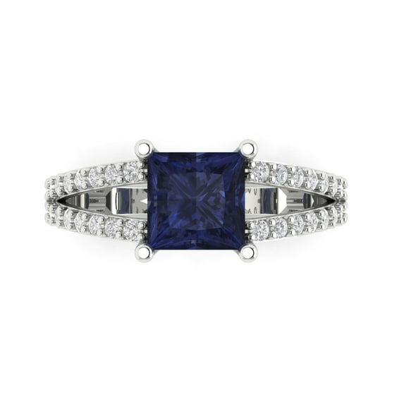 2.44ct Princess Cut Blue Sapphire 18k White Gold Engraving Statement Bridal Wedding Designer Ring Size 6