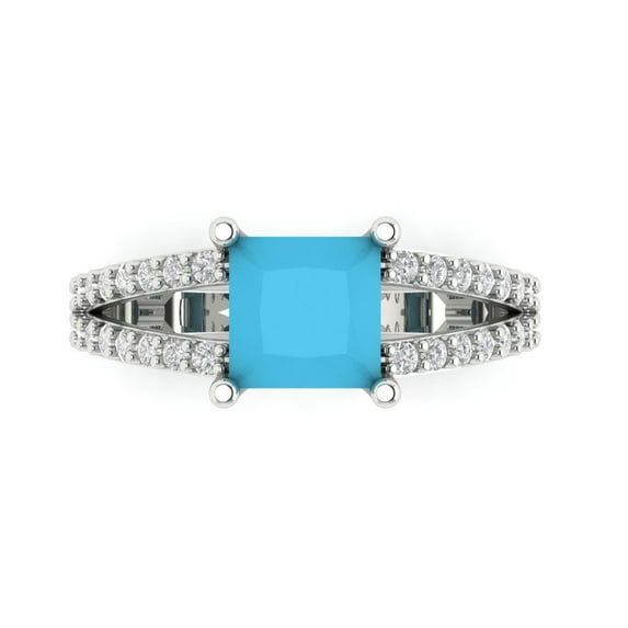2.44ct Princess Cut Blue Turquoise 18k White Gold Engraving Statement Bridal Wedding Designer Ring Size 11