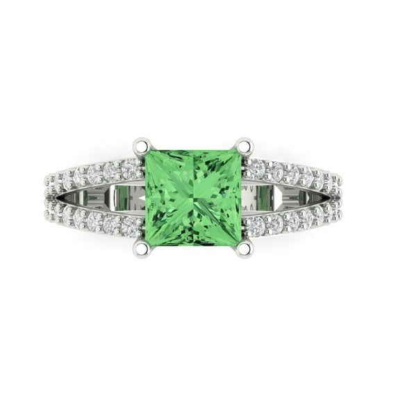 2.44ct Princess Cut Green Crystal 14k White Gold Engraving Statement Bridal Wedding Designer Ring Size 6