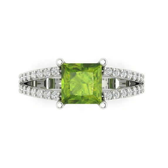 2.44ct Princess Cut Green Natural Peridot 18k White Gold Engraving Statement Bridal Wedding Designer Ring Size 11