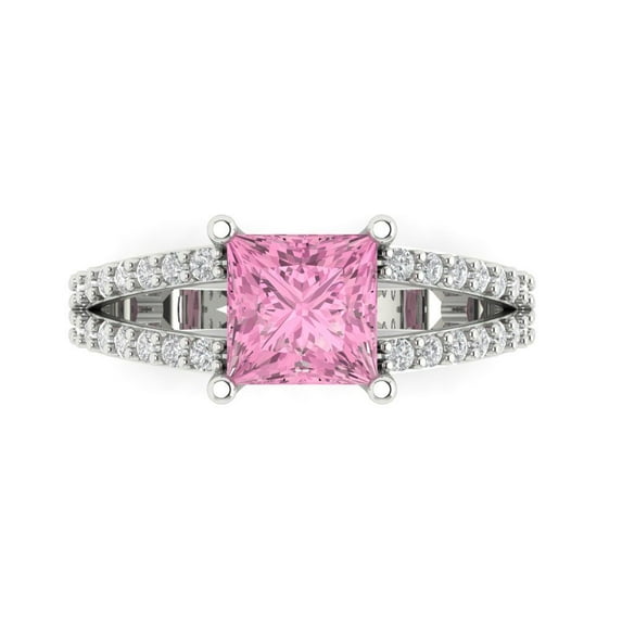 2.44ct Princess Cut Pink Crystal 14k White Gold Engraving Statement Bridal Wedding Designer Ring Size 10