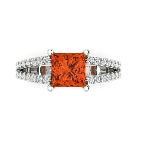 2.44ct Princess Cut Red Crystal 14k White Gold Engraving Statement Bridal Wedding Designer Ring Size 7.5