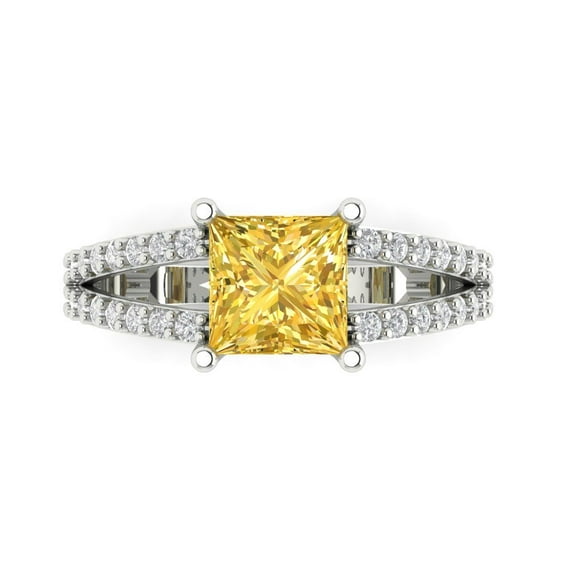 2.44ct Princess Cut Yellow Crystal 18k White Gold Engraving Statement Bridal Wedding Designer Ring Size 10.5