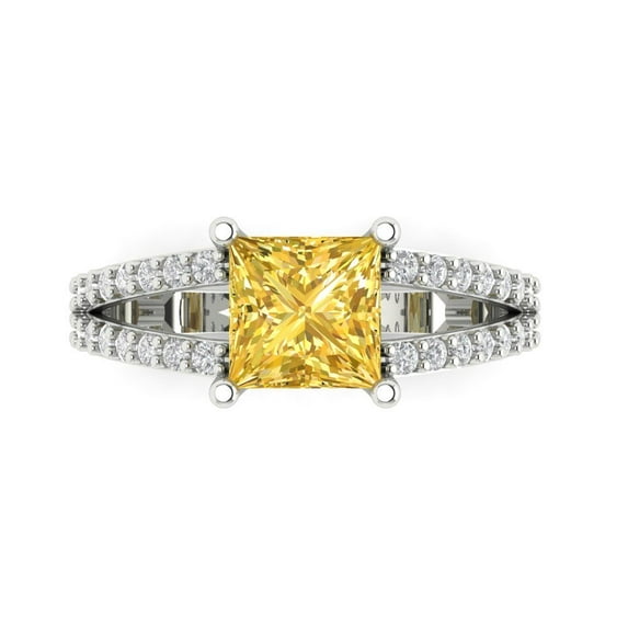 2.44ct Princess Cut Yellow Natural Citrine 18k White Gold Engraving Statement Bridal Wedding Designer Ring Size 8