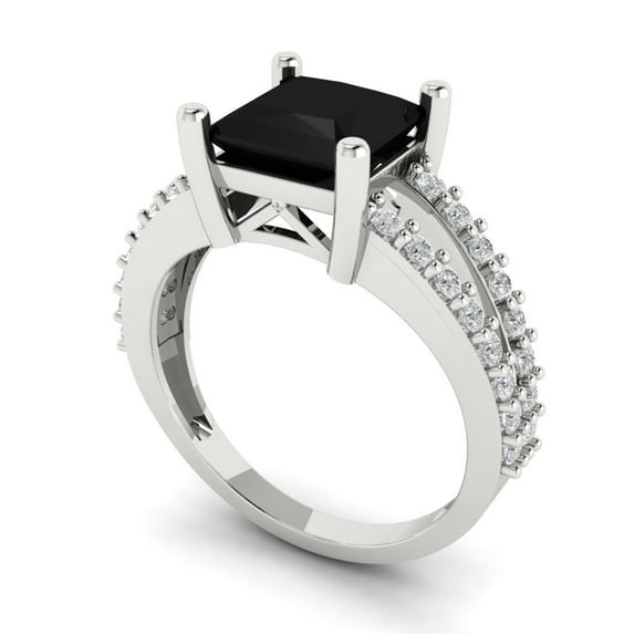 2.44ct princess cut black natural onyx 14k white gold Bridal Wedding Engagement Promise Anniversary Ring for Women size 4.75