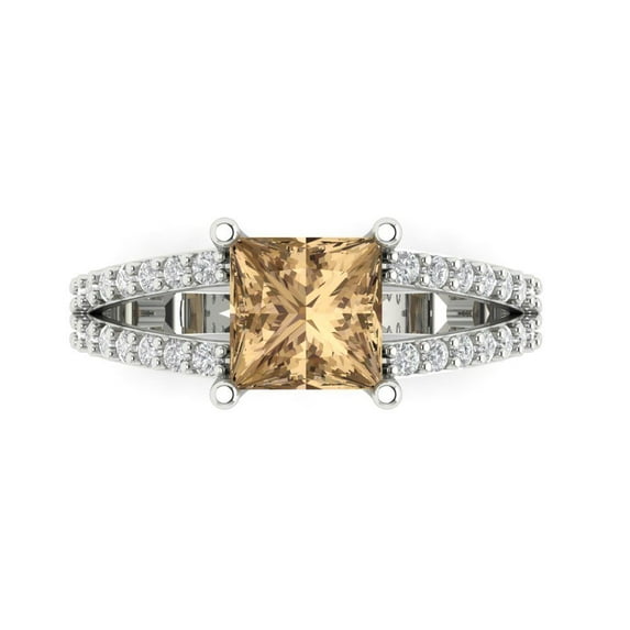 Clara Pucci 14K White Gold Solid Gold Champagne Solitaire with Accents Anniversary Ring for Women - 2.48 cttw Princess Cut