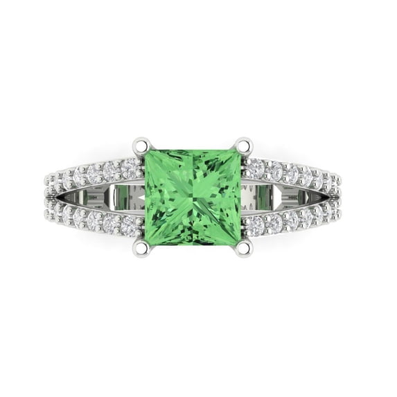 Clara Pucci 14K White Gold Solid Gold Green Solitaire with Accents Anniversary Ring for Women - 2.48 cttw Princess Cut