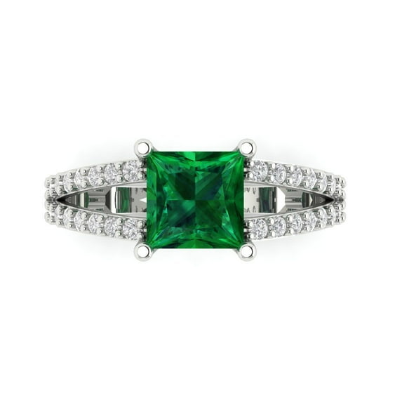 Clara Pucci 14K White Gold Solid Gold Emerald Solitaire with Accents Anniversary Ring for Women - 2.48 cttw Princess Cut