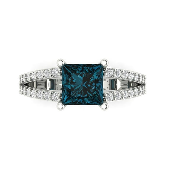 Clara Pucci 14K White Gold Solid Gold LondonBlueTopaz Solitaire with Accents Anniversary Ring for Women - 2.48 cttw Princess Cut