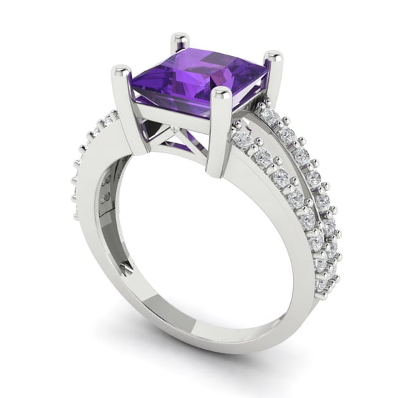 2.44ct princess cut purple natural amethyst 18k white gold Bridal Wedding Engagement Promise Anniversary Ring for Women size 7.5