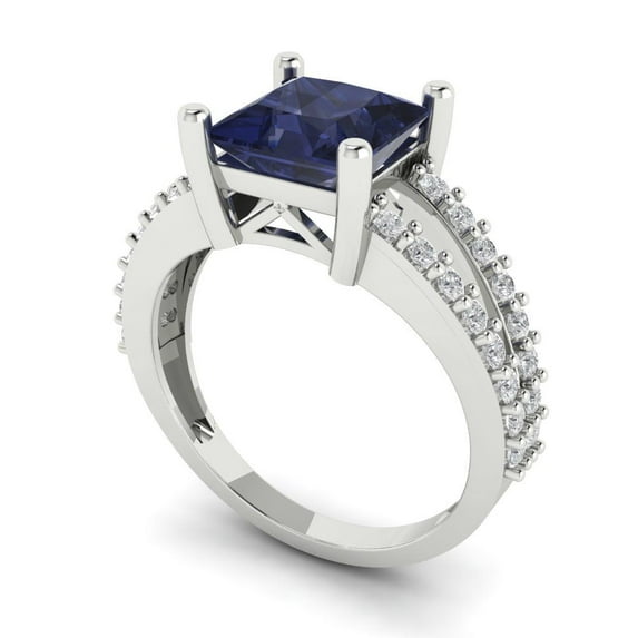 2.44ct princess cut blue sapphire 14k white gold Bridal Wedding Engagement Promise Anniversary Ring for Women size 9.5