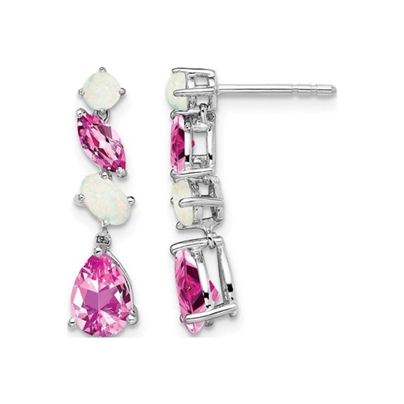 2.45 Carat (Ctw) Opal and Lab Created Pink Sapphire Dangle Drop Earrings in 14K White Gold for Women