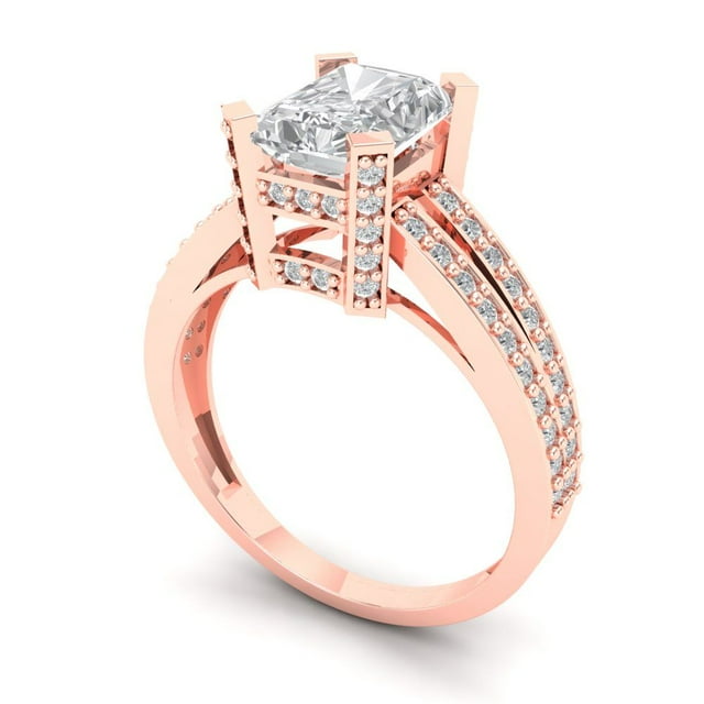 2.45 ct Brilliant Emerald Cut VVS1 Zircon 14k Rose Solid Gold Solitaire with Accents Wedding Bridal Anniversary Engagement Ring size 8.5