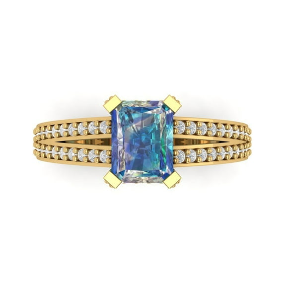 2.45 ct Emerald Cut Blue Moissanite Solitaire with Accents Engagement Ring for Women in 14K Yellow Gold