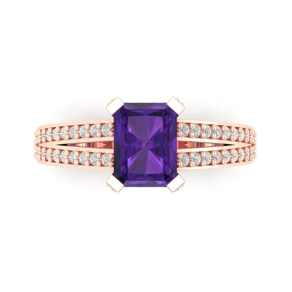 2.45 ct Emerald Cut Natural Amethyst Solitaire with Accents Engagement Ring for Women in 18K Rose Gold
