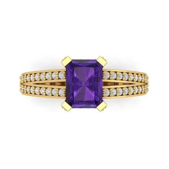 2.45 ct Emerald Cut Natural Amethyst Solitaire with Accents Engagement Ring for Women in 18K Yellow Gold