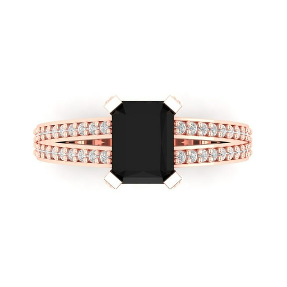 2.45 ct Emerald Cut Natural Onyx Solitaire with Accents Engagement Ring for Women in 14K Rose Gold