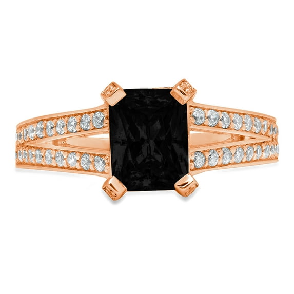 2.45 ct Emerald Cut Natural Onyx Solitaire with Simulated Diamond Accents 14K Rose Gold Womens Engagement Ring