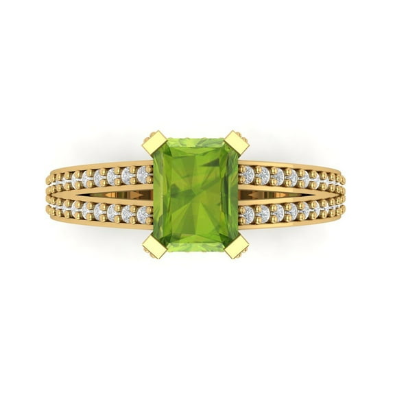 Clara Pucci 14K Yellow Gold Solid Gold Peridot Solitaire with Accents Anniversary Ring for Women - 2.45 cttw Emerald Cut