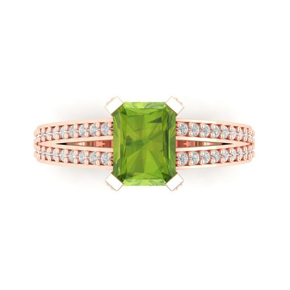 2.45 ct Emerald Cut Natural Peridot Solitaire with Simulated Diamond Accents 18K Rose Gold Womens Engagement Ring