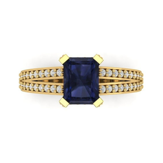 2.45 ct Emerald Cut Simulated Blue Sapphire Solitaire with Simulated Diamond Accents 14K Yellow Gold Womens Engagement Ring