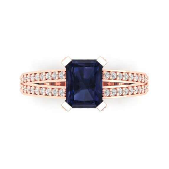 2.45 ct Emerald Cut Simulated Blue Sapphire Solitaire with Simulated Diamond Accents 18K Rose Gold Womens Engagement Ring