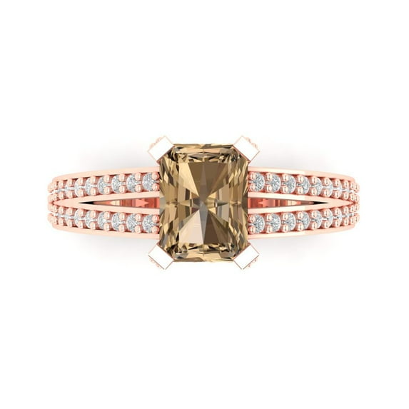 2.45 ct Emerald Cut Simulated Champagne Diamond Solitaire with Simulated Diamond Accents 14K Rose Gold Womens Engagement Ring