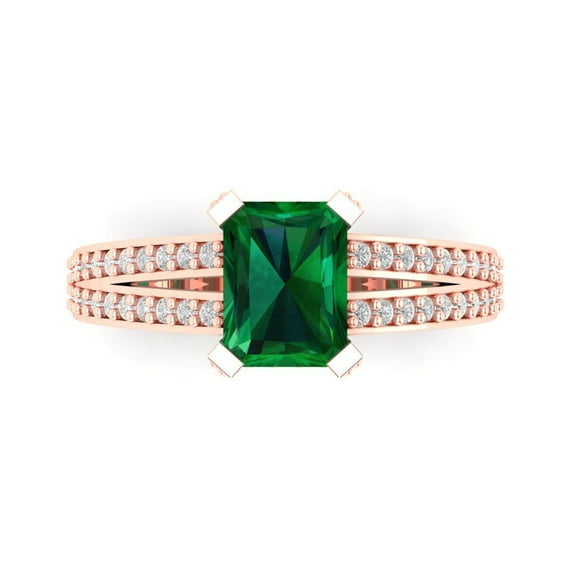 2.45 ct Emerald Cut Simulated Emerald Solitaire with Accents Engagement Ring for Women in 18K Rose Gold