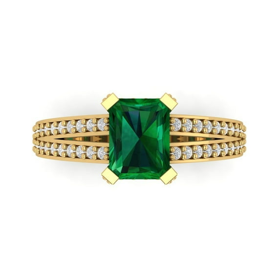 2.45 ct Emerald Cut Simulated Emerald Solitaire with Accents Engagement Ring for Women in 18K Yellow Gold
