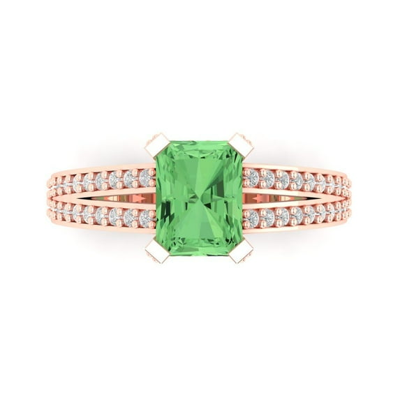2.45 ct Emerald Cut Simulated Green Diamond Solitaire with Accents Engagement Ring for Women in 18K Rose Gold