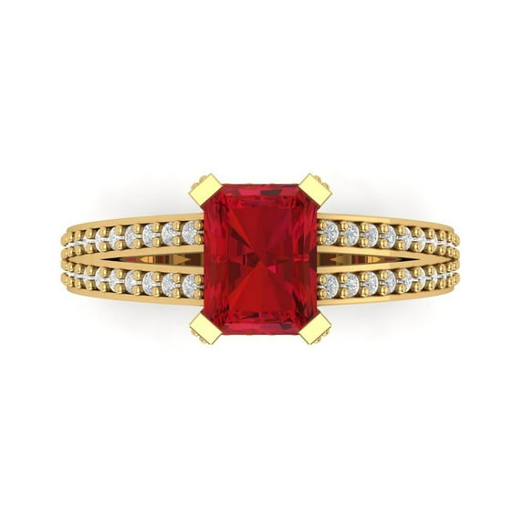 2.45 ct Emerald Cut Simulated Ruby Solitaire with Simulated Diamond Accents 18K Yellow Gold Womens Engagement Ring