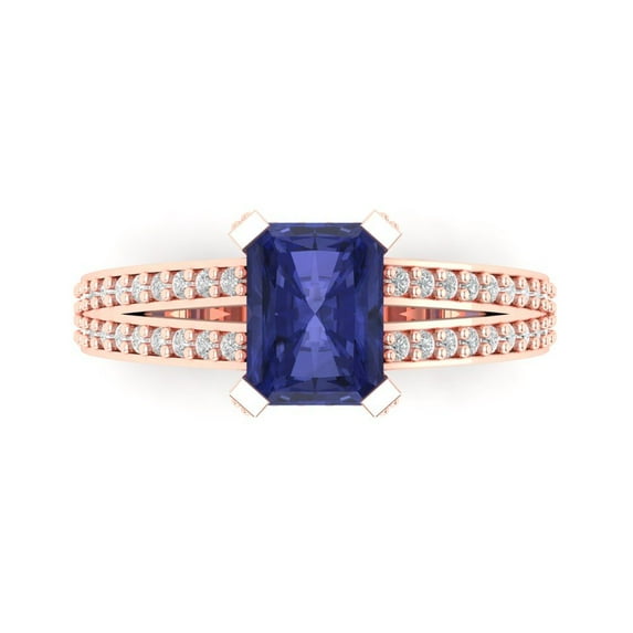 2.45 ct Emerald Cut Simulated Tanzanite Solitaire with Accents Engagement Ring for Women in 18K Rose Gold