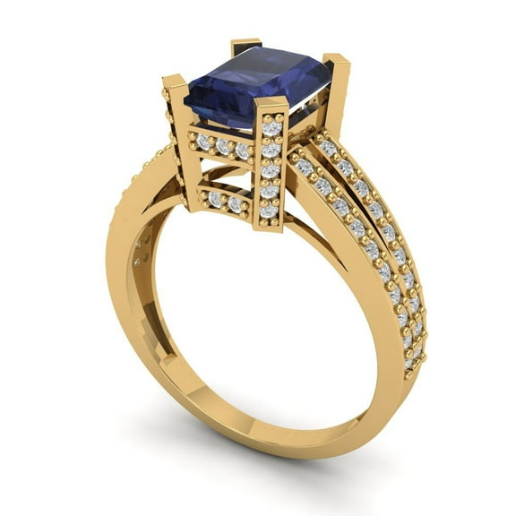 2.45 ct Emerald Cut Simulated Blue Sapphire Solitaire with Accents Engagement Ring for Women in 18K Yellow Gold