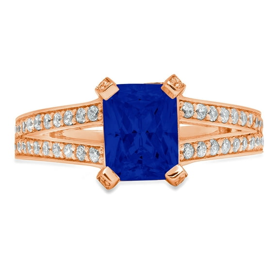 2.45 ct Emerald Cut Simulated Blue Sapphire Solitaire with Simulated Diamond Accents 14K Rose Gold Womens Engagement Ring