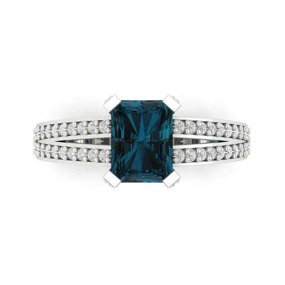 2.35 ct Emerald Cut Natural London Blue Topaz Solitaire with Simulated Diamond Accents 18K White Gold Womens Engagement Ring