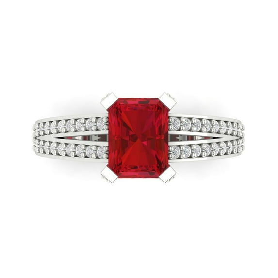 2.35 ct Emerald Cut Simulated Pink Tourmaline Solitaire with Simulated Diamond Accents 18K White Gold Womens Engagement Ring