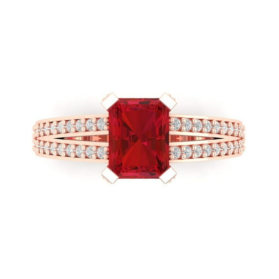 2.45 ct Emerald Cut Simulated Pink Tourmaline Solitaire with Simulated Diamond Accents 18K Rose Gold Womens Engagement Ring