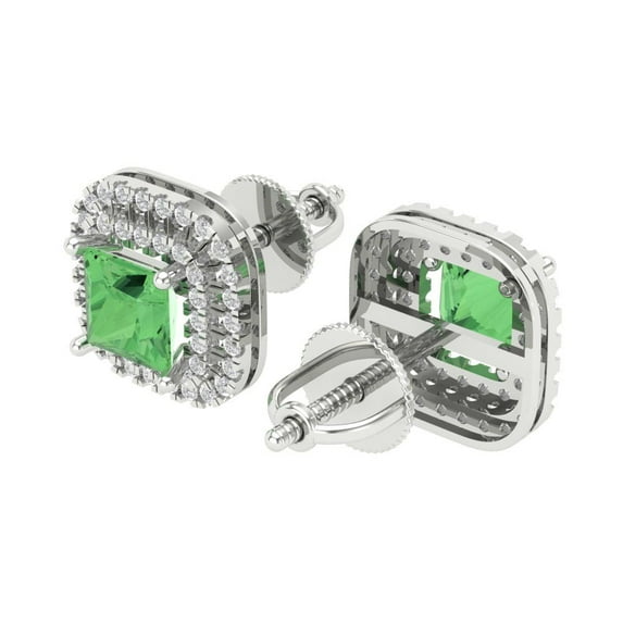 2.46 Ct Princess Cut Halo Studs Green Crystal 14K White Solid Gold Everyday Dainty Earrings Screw Back