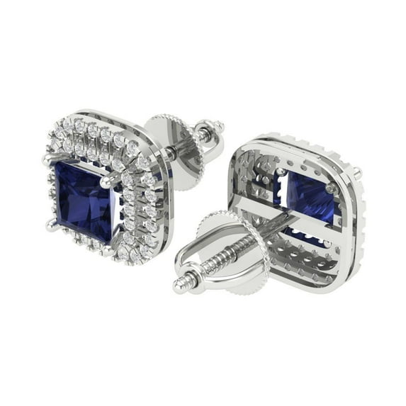 2.46 Ct Princess Cut Halo Studs Blue Sapphire 18K White Solid Solid Gold Everyday Dainty Earrings Screw Back